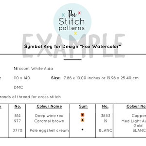 May include: Symbol key for a cross stitch pattern called "Fox Watercolor". The key shows the DMC thread colors and numbers for the pattern, including deep wine red, caramel brown, pale eggshell cream, copper, and medium light autumn gold.