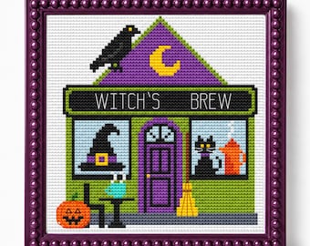 Schema per punto croce di Halloween - Caffetteria "La Pozione della Strega", ricamo adatto ai principianti, progetto creativo autunnale, decorazione per la vetrina.