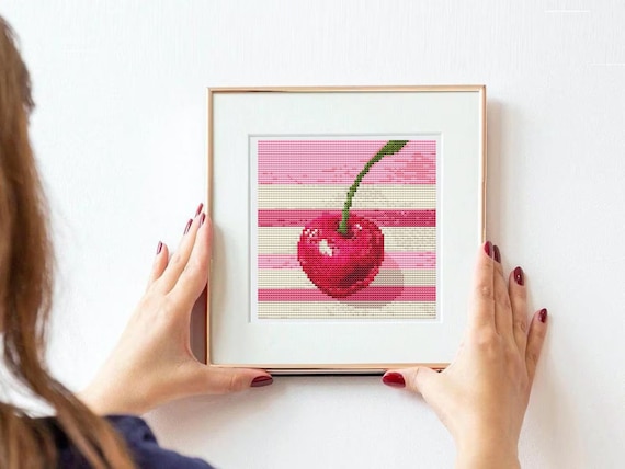 Retro Cherry Cross Stitch Pattern: Minimalist Pink Decor (PDF Pattern) counted chart