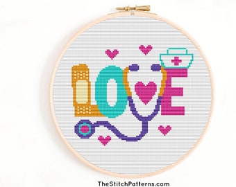 Love Nurse Cross Stitch Pattern: Healthcare stitching chart  (PDF Pattern) easy