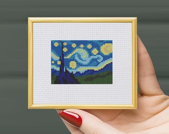 The Starry Night mini cross stitch pattern PDF, small mini art, miniature cross stitch, famous painting,digital download, Vincent van Gogh