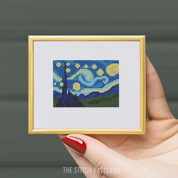Mini modèle de point de croix La nuit étoilée PDF, petit mini art, point de croix miniature, tableau célèbre, téléchargement numérique, Vincent van Gogh