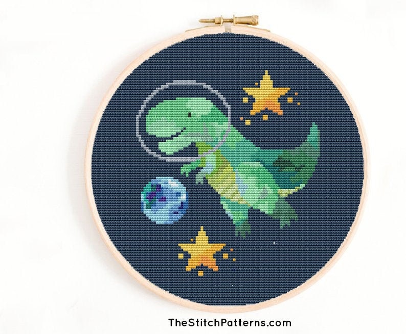 t-rex cross stitch pattern, dinosaur pdf pattern, Dinosaur Space, dino cross stitch, modern cross stitch, t rex, tyrannosaurus rex, hoop art image 1