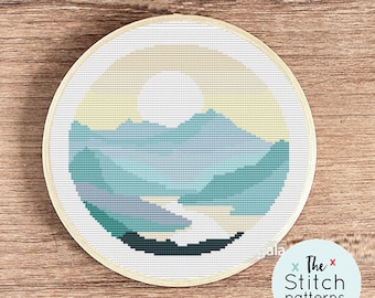 Modern Mountains Sunset Cross Stitch Pattern, Landscape Nature Embroidery (PDF Download)