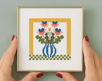 Motif floral folklorique en téléchargement numérique Design au point de croix compté, projet de couture adapté aux débutants, petite taille, vase d'art mural fleurs