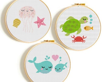 Ocean Animals Cross Stitch Pattern PDF, Turtle, Whales, Jellyfish Set (Digital Download)
