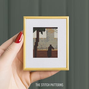 PEQUENO padrão de ponto cruz, "Homem encostado em um parapeito" de Georges Seurat, famoso gráfico de ponto cruz de pintura, mini obras-primas, miniatura