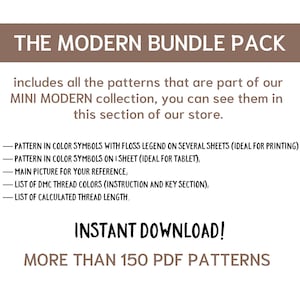 May include: A digital download for over 150 PDF patterns for cross-stitch embroidery. The patterns are part of the "Mini Modern" collection. The text "INSTANT DOWNLOAD!" is featured on the image.