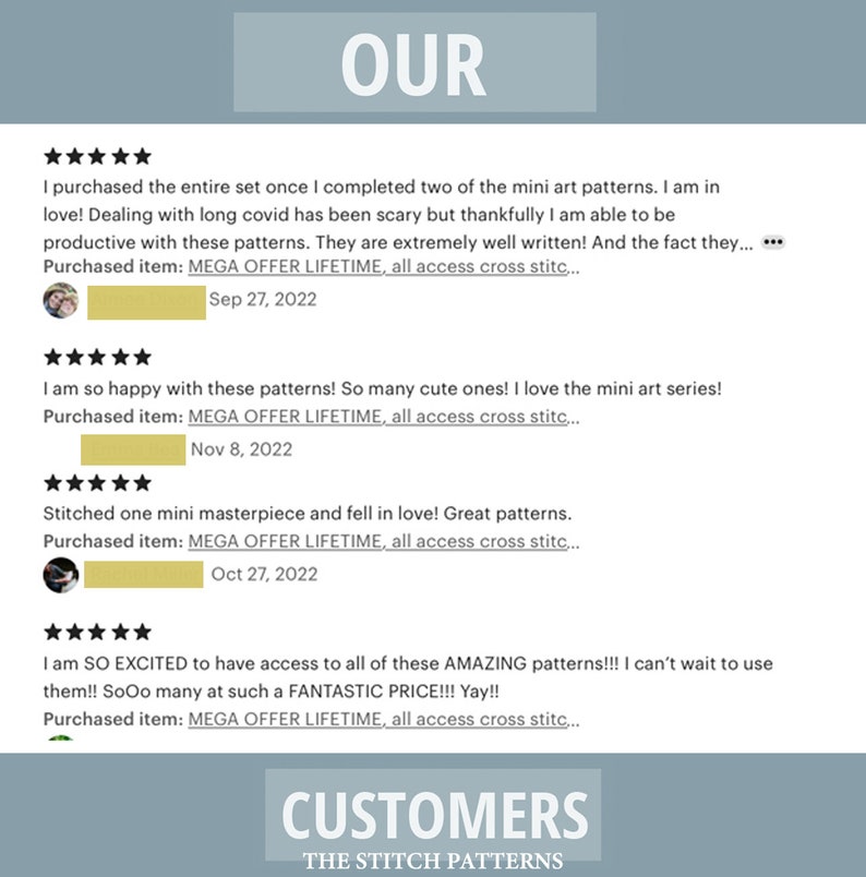 May include: A screenshot of customer reviews for a cross stitch pattern shop. The reviews are positive and mention the quality of the patterns and the value for money. The shop name is "The Stitch Patterns".
