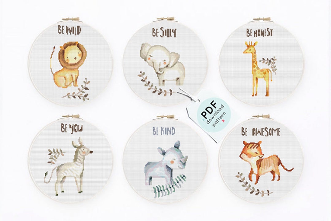 Safari Animals Cross Stitch Kits for Beginners. 5 Stamped Cross Stitch Kits  f
