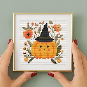 Halloween Pumpkin Cross Stitch Pattern PDF | Cute Witch Hat counted stitch Design | Easy Fall Needlework | Beginner Cross Stitch Pattern