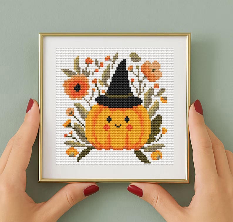 Halloween Pumpkin Cross Stitch Pattern PDF | Cute Witch Hat Counted ...