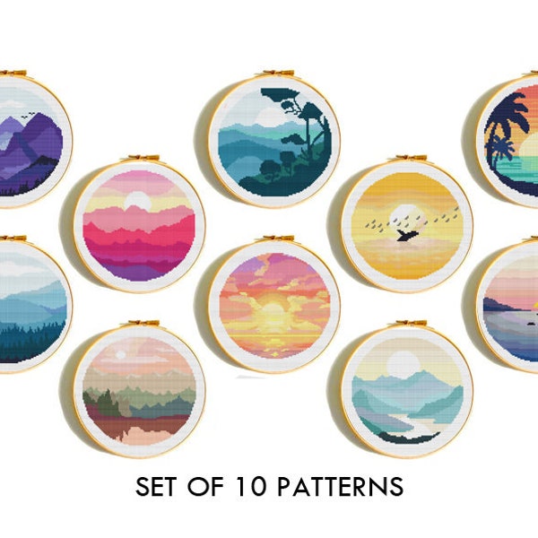 Motif de point de croix paysage, lot de 10 grilles de point de croix compté nature, forêt au coucher du soleil, rond, broderie, baleine, point de croix d'été