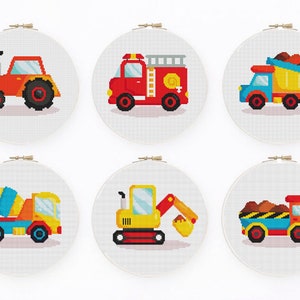 Set di 6 modelli a punto croce, Macchine edili, Autocarro con cassone ribaltabile, Pala gommata, Escavatore, modello PDF a punto croce ragazzo, modello digitale