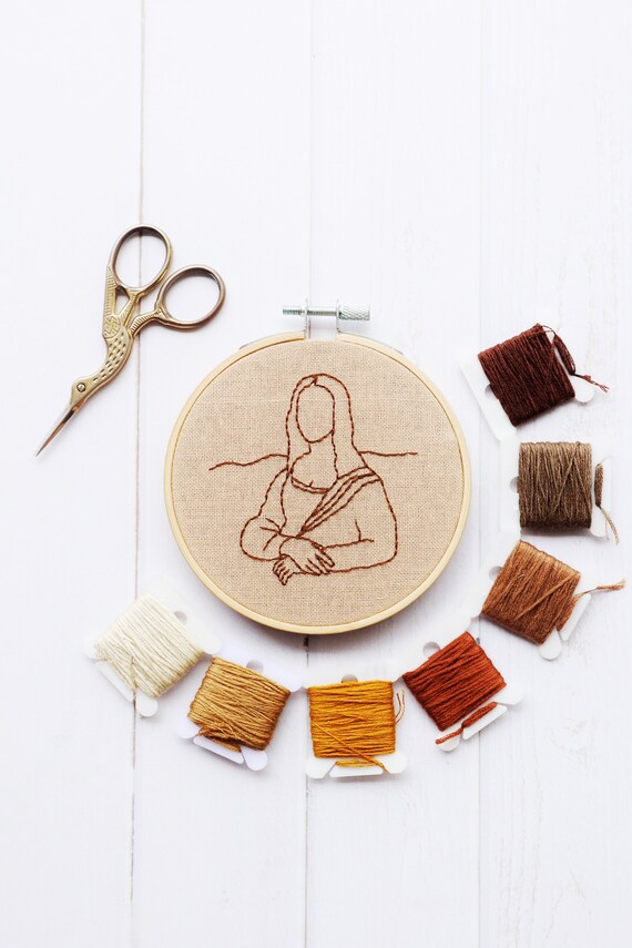 モナリザの刺繍パターン、モダンラインアート、PDFテンプレート