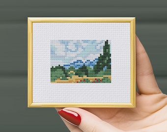 Wheatfield with Cypresses  cross stitch pattern, Van Gogh mini cross stitch ,PDF pattern Download, Vincent Van Gogh painting, mini stitch