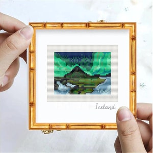 Iceland mini cross stitch, Northern Lights cross stitch, (Digital Format - PDF), travel cross stitch, country cross stitch, hobbies gift