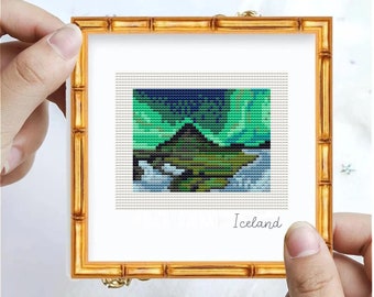 Iceland mini cross stitch, Northern Lights cross stitch, (Digital Format - PDF), travel cross stitch, country cross stitch, hobbies gift