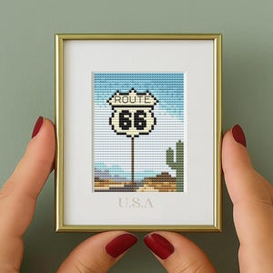 May include: Framed Route 66 cross-stitch art. The artwork features the iconic Route 66 sign with the number 66 in the center, a desert landscape, and the text "U.S.A." at the bottom. The frame is gold.