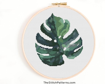 Monstera Leaf Cross Stitch Pattern, Tropical Plant Embroidery (PDF Download)