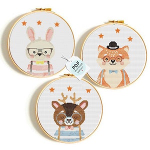 Animals Cross Stitch Cute pattern Funny bunny fox deer modern cross stitch Baby Friends Animals Nursery Cross stitch baby Pattern embroidery
