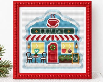 Schema per punto croce di una caffetteria, schema contato per la vetrina in PDF, casa di Natale, download immediato, adatto ai principianti, artigianato natalizio invernale