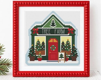 Schema per punto croce natalizio in formato PDF, download digitale, artigianato per principianti, albero di Natale, fattoria, casa, design, ricamo invernale, villaggio festivo