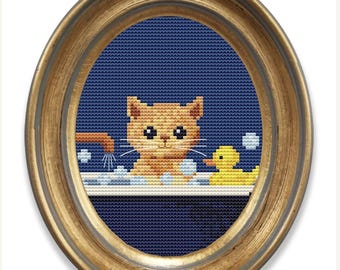 Cat in Bath Cross Stitch Pattern, Bathroom Decor (PDF Pattern)