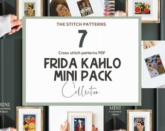 Frida cross stitch pack, mini cross stitch patterns, 7 cross stitch chart, mini masterpieces, small charts, beginner cross stitch, easy, PDF