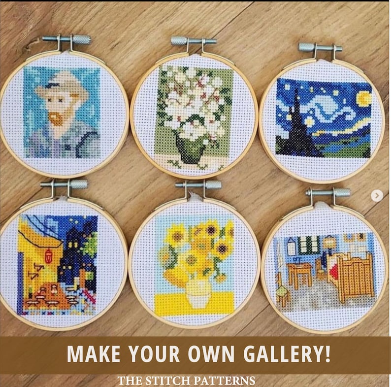 May include: Six round embroidery hoops with different famous paintings stitched in colorful thread. The paintings include Starry Night, Sunflowers, The Bedroom, and a self-portrait of Vincent Van Gogh. The hoops are displayed on a wooden surface.  Make Your Own Gallery! The Stitch Patterns.