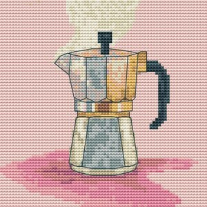 May include: A silver and gold coffee maker with a black handle, sitting on a pink surface. Steam is rising from the top of the coffee maker.