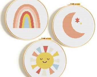 Nursery Cross Stitch Pattern Set, Rainbow, Sun, Moon (PDF Pattern)