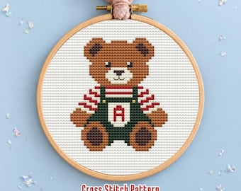 Teddy Bear Christmas Ornament Cross Stitch Pattern, Initial Monogram A-Z Needlepoint Chart, Personalized Digital PDF, Beginner Friendly