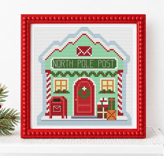 Christmas Village Cross Stitch Pattern, North Pole Post Office counted chart, Needlepoint design, Beginner Holiday PDF Download