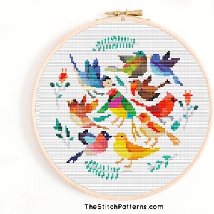 BIRDS cross stitch pattern. Birds EMBROIDERY,  modern cross stitch pattern. Hand embroidery hoop art. Birds counted cross stitch, chart
