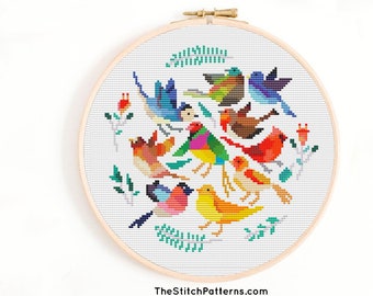 BIRDS cross stitch pattern. Birds EMBROIDERY,  modern cross stitch pattern. Hand embroidery hoop art. Birds counted cross stitch, chart