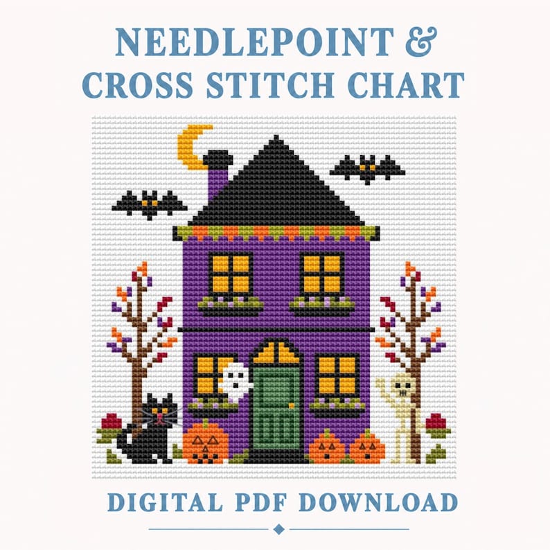 Halloween Cross Stitch Pattern Beginner Needlework Chart Haunted House Design Digital Download PDF File Counted Thread Embroidery Pattern Easy Instructions DMC Floss Chart Spooky Autumn Crafting Project Seasonal Home Decor DIY Halloween