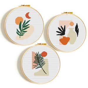 Plants cross stitch pattern, Set of 3, leaf counted cross stitch PDF chart, modern embroidery pattern,  gift idea, neutral color embroidery