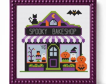 Schema per punto croce di una casa di Halloween, schema per ricamo a punto croce per principianti, disegno di un fantasma, casa spettrale, vetrina di una panetteria, decorazione autunnale stagionale a punto croce.