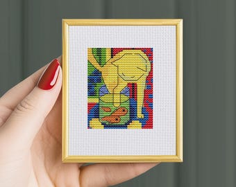 Chat avec poisson rouge, Matisse Mini modèle de point de croix au point de croix PDF, mini oeuvre d'art, modèle numérique, mini broderie, petit point