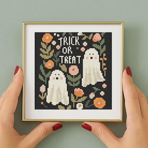 Trick or Treat Ghost Cross Stitch Pattern: Halloween counted chart  (PDF Download