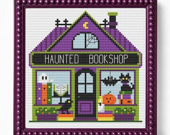 Schema per punto croce "Libreria infestata" - Ricamo di Halloween in PDF, download immediato, adatto ai principianti, design spettrale, regalo per amanti dei libri