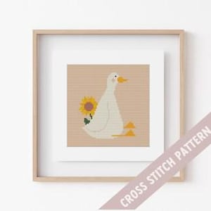 Gekke gans met zonnebloem, kruissteekpatroon, gans PDF-kaart, kinderkruissteek, borduurgans, schattige kruissteek, voskleurige steek