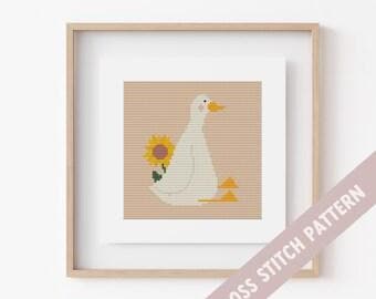 Goose with Sunflower, Kids Cross Stitch Pattern (PDF)