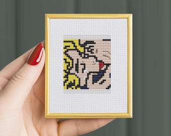 Le baiser, Lichtenstein, petit modèle de point de croix, Pop Art (Modèle PDF)