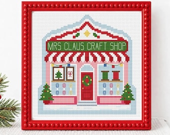 Schema per punto croce natalizio, vetrina del negozio di Babbo Natale, download digitale in PDF, scena di villaggio natalizio ricamata, ricamo per principianti