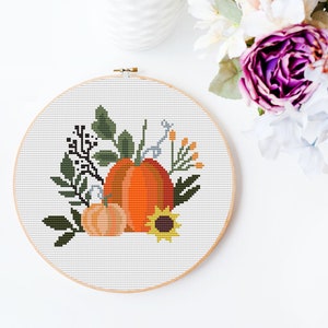 Thanksgiving Day cross stitch pattern PDF, pumpkin cross stitch, harvest pumpkin floral retro fall autumn nature counted cross stitch modern image 4