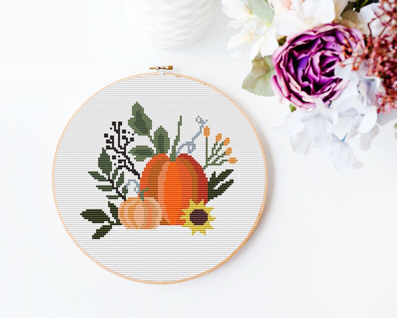 Thanksgiving Day cross stitch pattern PDF, pumpkin cross stitch, harvest pumpkin floral retro fall autumn nature counted cross stitch modern image 4