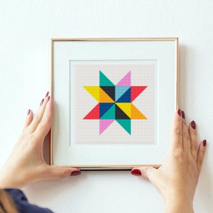 May include: A framed cross-stitch art piece featuring a colorful starburst design. The starburst is composed of geometric shapes in shades of red, yellow, teal, blue, pink, and black. The frame is gold-toned.