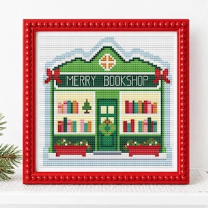 Patrón de punto de cruz de pueblo navideño, gráfico contado para principiantes de librería, manualidad navideña en PDF, adorno de punto de aguja, costura festiva